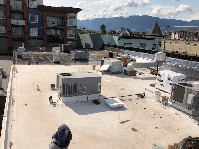 Commercial flat roof with rooftop mechanical units