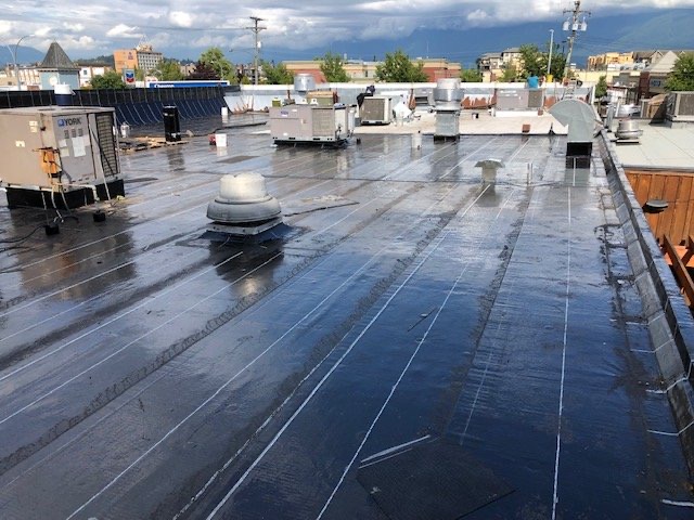 Finished flat roof membrane after rain